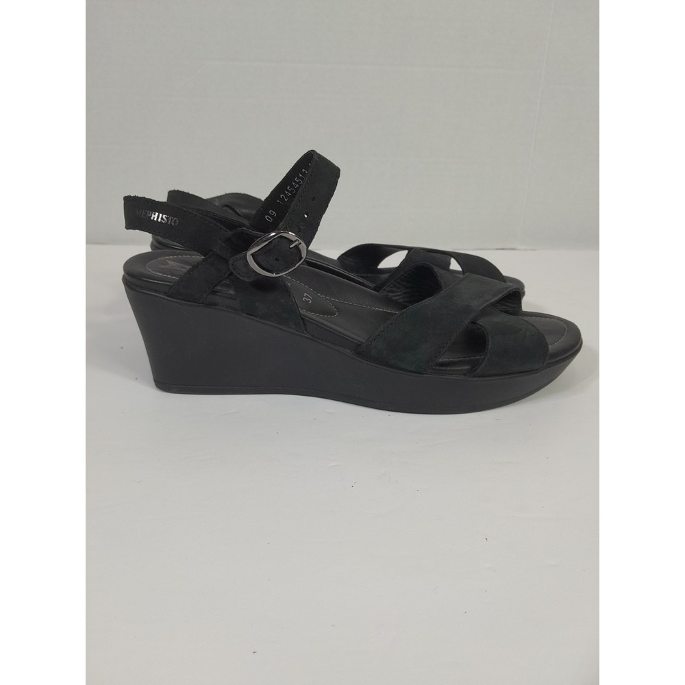 MEPHISTO Party-ready Wedge Sandal Size 6.5-7 EUR 37 Open Toe Black Ankle Strap